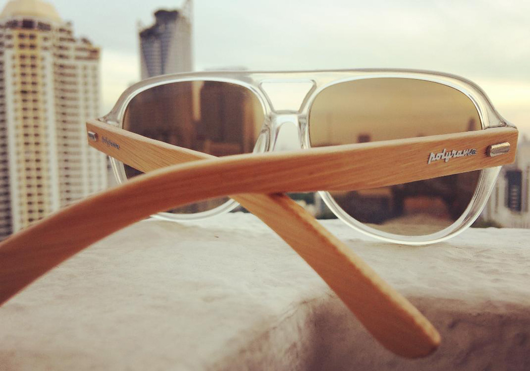 wooden aviator sunglasses clear on ledge